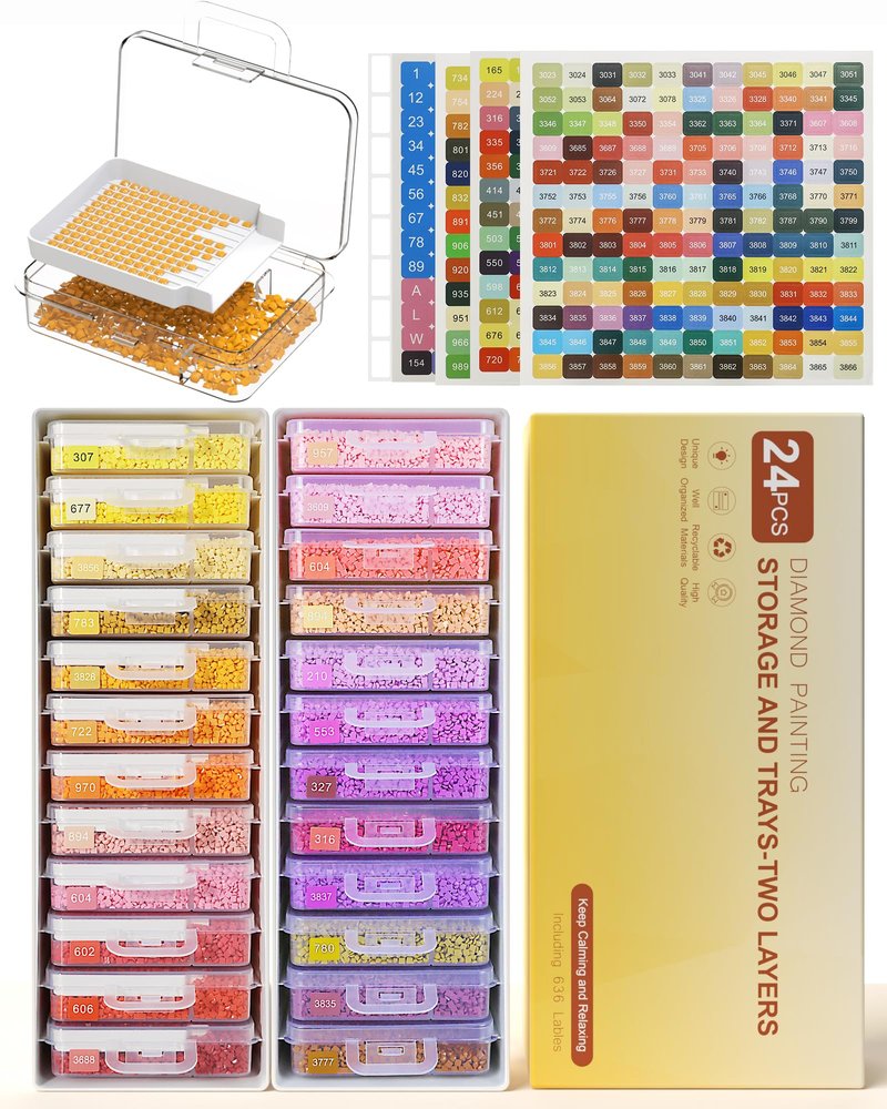 Redtwo 24pcs Diamond Painting Storage Containers Trays with Double Layers, 3-in-1 Diamond Painting Trays with Lids, Diamond Art Accessories, Diamond Art Drills Storage & Line-Up