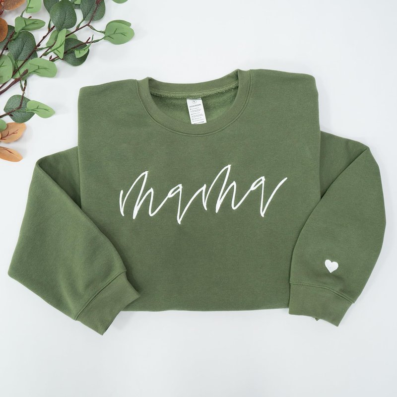 Nani - Mama Mom Mommy Embroidered Crewneck Sweatshirt Heart On Sleeve for Women - Gifts For New Mom Mama Birthday Christmas Mothers Day Valentine Embroidery Pullover Sweater Shirt Military Green