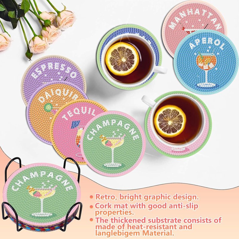 8 Pcs Cocktail Diamond Art Coasters Kit - DIY 5D Gem Painting Coasters with Holder | Perfect Gift for Adults