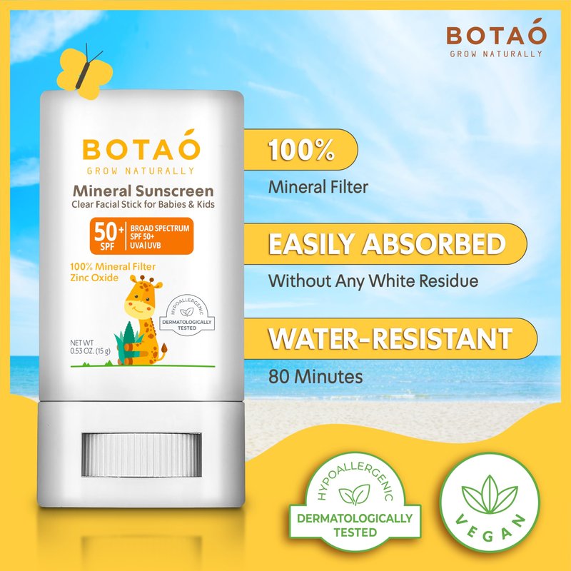 Botao baby Mineral Sunscreen Stick 100% Zinc Oxide SPF 50+ Water Resistant UVA/UVB Protection Easy to Apply Fragrance Free, babies & kids, for sensetive skin, Unscented