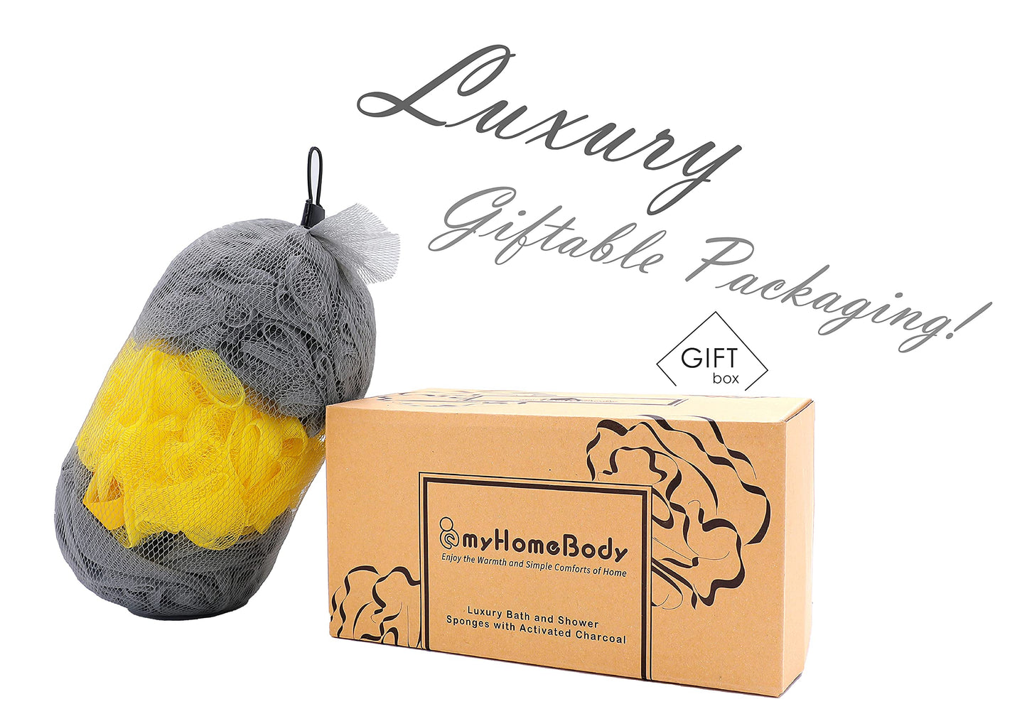 myHomeBody Large 70g Loofah Sponge, Body Scrubber, Bath Sponge, Loofah for Women, Men, Exfoliating Sponge Shower Pouf with Activated Charcoal - 2 Ultimate Gray + 1 Illuminating Yellow, 3 Pack