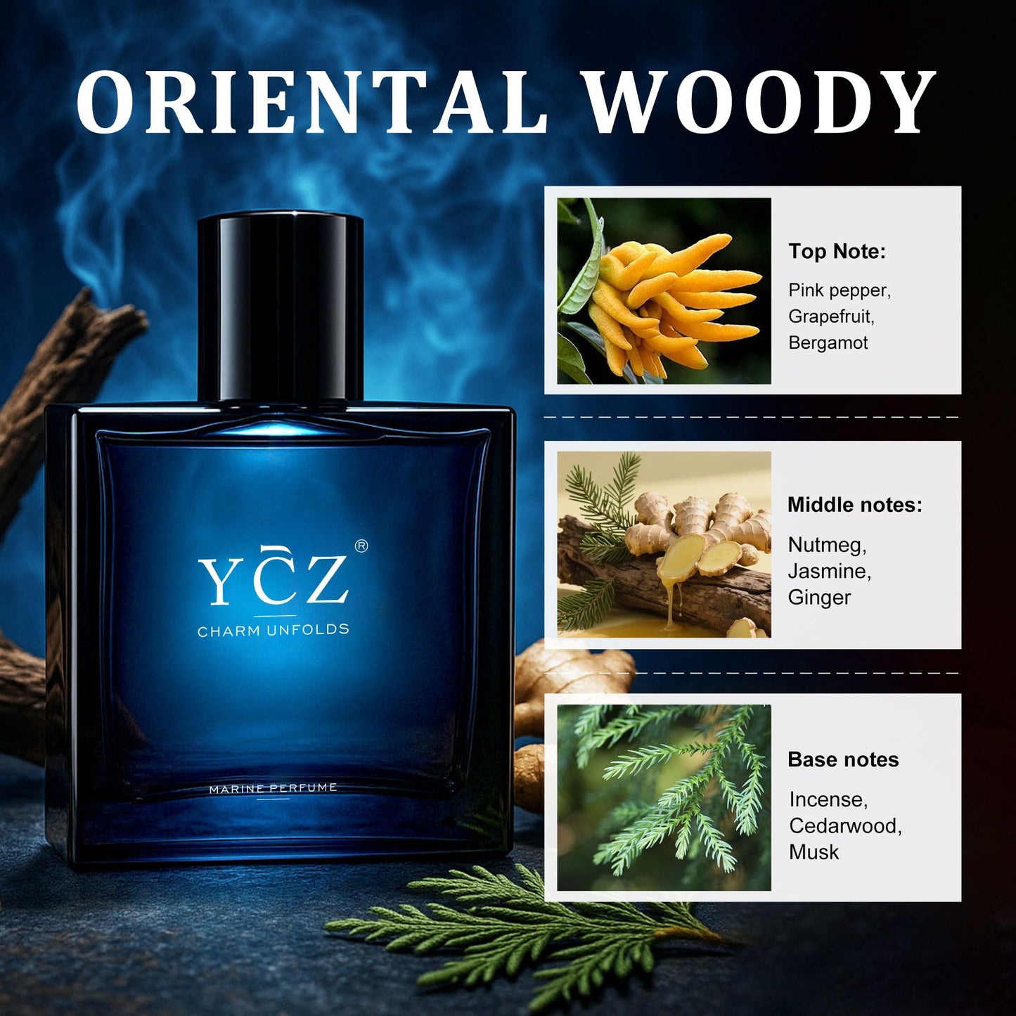 Ycz Charm Unfolds Marine Perfume for Men, 3.4 oz. Long Lasting Eau De Parfum Cologne For Men, Oriental Woody Fragrance - Ideal Special Occasions, Making it the Ideal gentlemen’s Gift