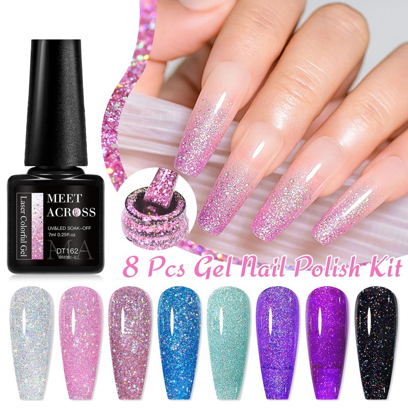 MEET ACROSS Glitter Gel Nail Polish Set for Nails 8 Colors Including Sparkly Shiny UV LED Soak Off Black Purple Pink Blue Gel Polish Kit Home DIY Manicure Nail Salon Varnish