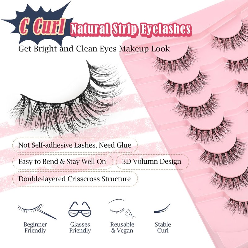Siligli Fake Eyelashes Natural Lashes Stipes 7 Pair C Curl Lash