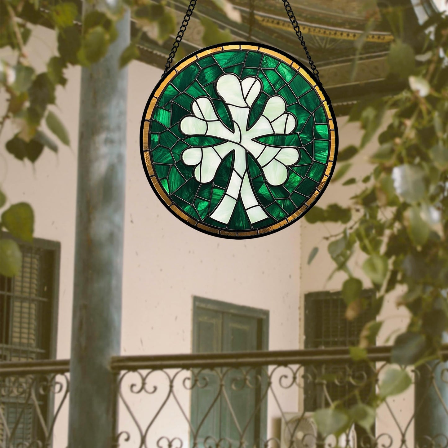 QZQCBLC Stained Glass Window Hanging Green Clover 6.3" - Suncatcher Door Garden Sun Catcher Home Ireland Decor Birthday Mother's Day St Patrick's Day Gifts for Mom Men Woman Wife Friend