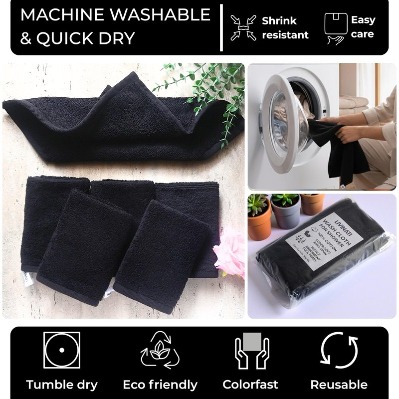 LIVINATI Thick Black 100% Cotton Wash Cloths for Showering Body and Face - 12"X12" 6 Pack Washcloths - Small Terry Towel Bath Rags for Adults and Kids Bathroom - Soft Absorbent