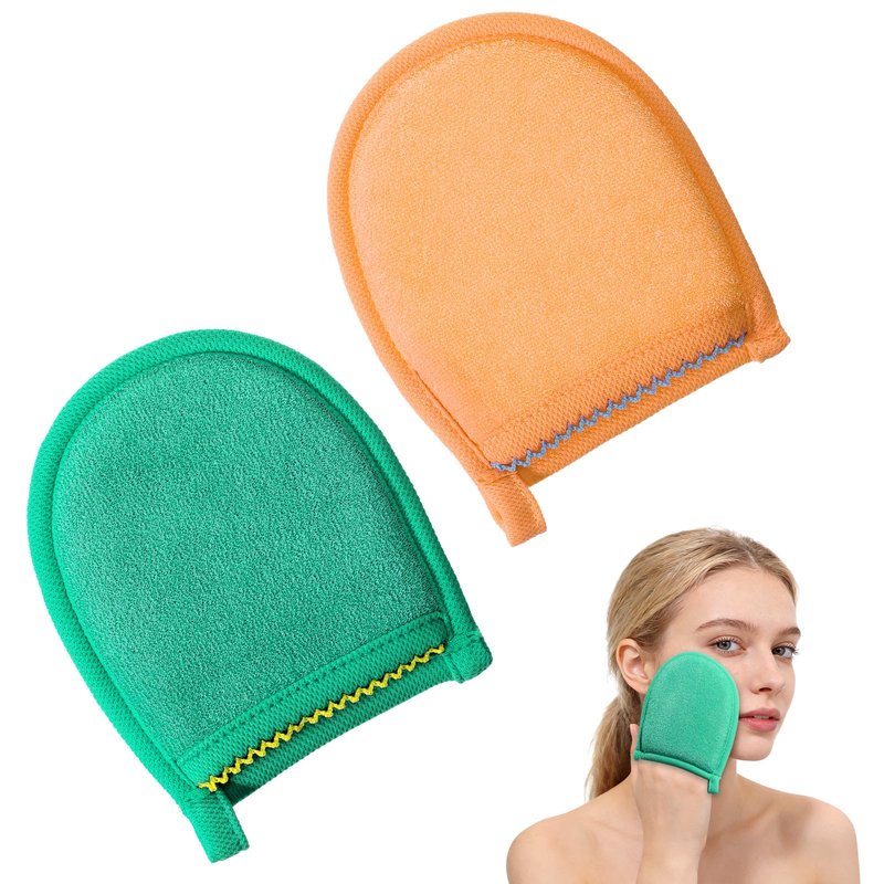 2 Pcs Exfoliating Facial Scrubber Mitt, Face Deep Exfoliating Cleaning Polishing Gloves Facial Cleansing Mitts Dead or Dry Skin Remover Face Cleaning Gloves for Men & Women (Green, Orange)