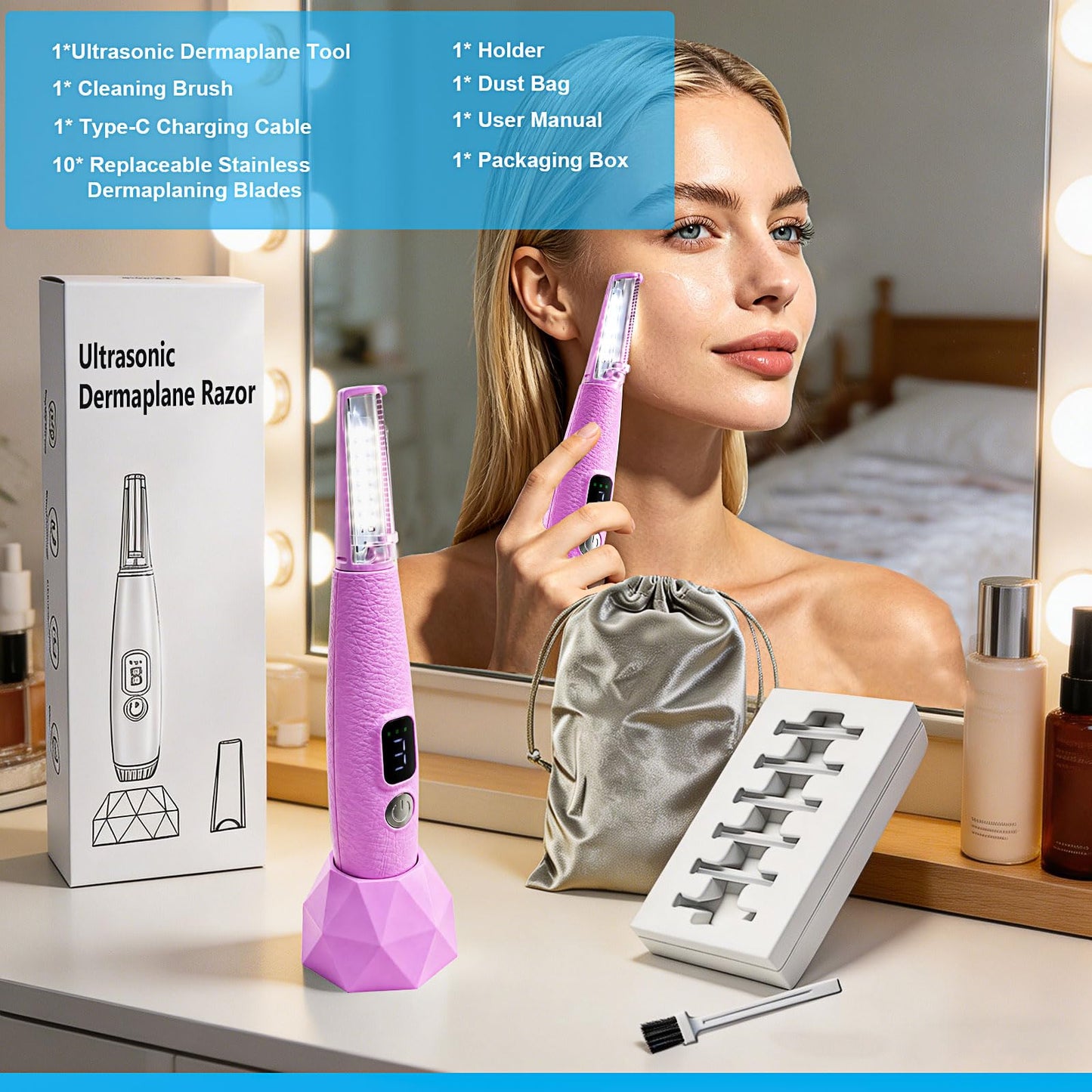 Sonic Dermaplane Razor for Women Face with 12 Refill Blades, Dermaplaning Tools for Peach Fuzz & Exfoliation, Eyebrow & Face Hair Remover,3 peeds,LED, Rechargeable Dermaplane Razor,Pink