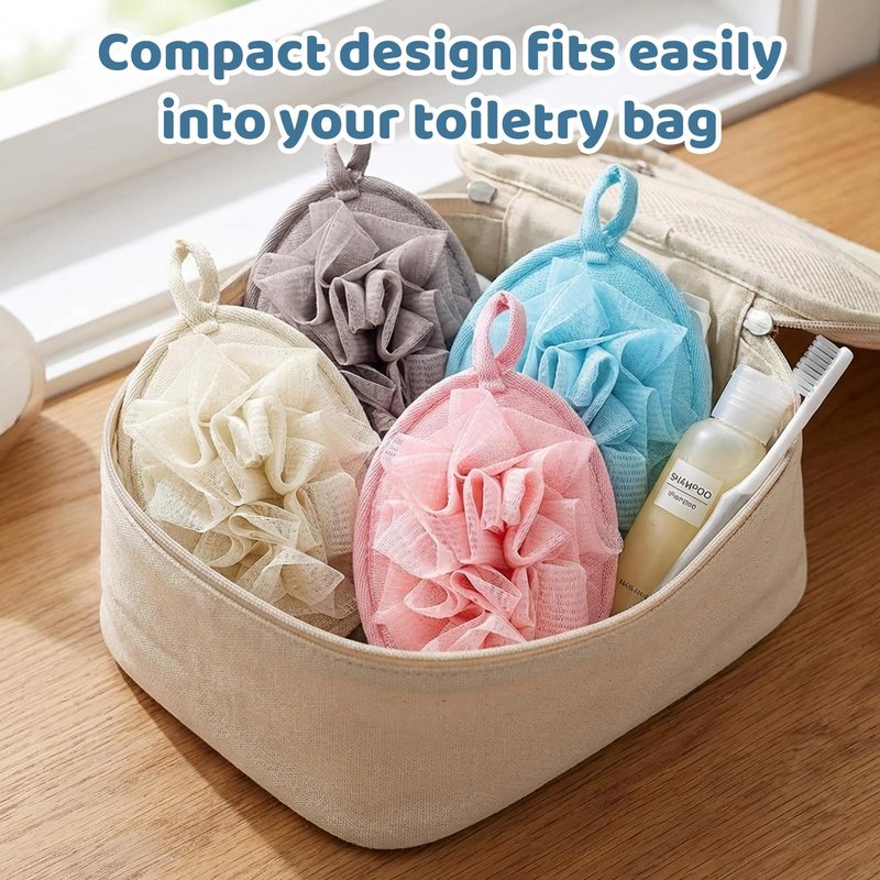 4Pcs Travel Loofah Mini, Travel Size Loofah for Adults, Shower Loofah for Personal Care, Body, Sensitive Skin Exfoliating