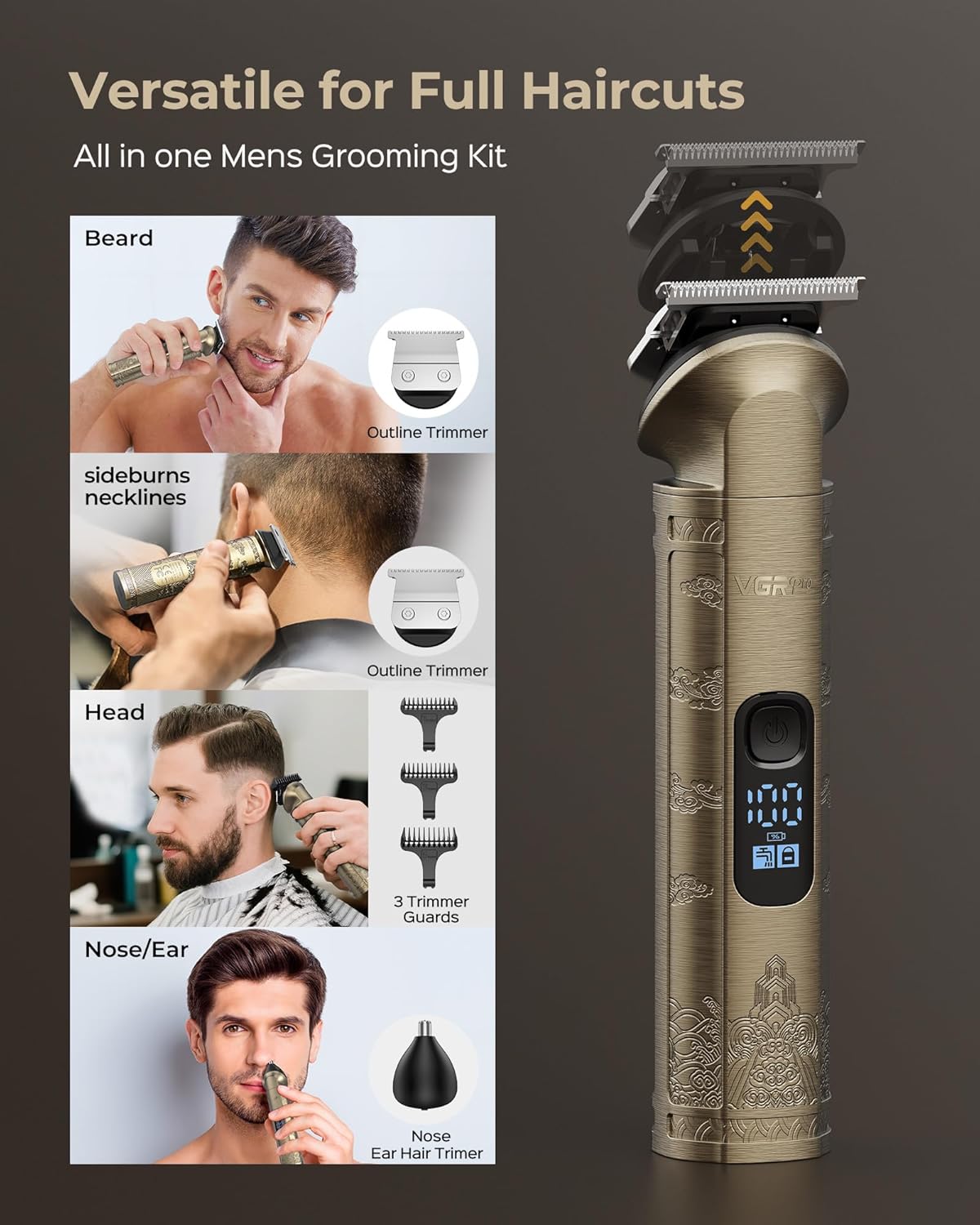 VGRPRO Hair Clipper & Trimmer Set - Professional Waterproof Electric Razor for Men | Cordless, 4-Speed, LED Display