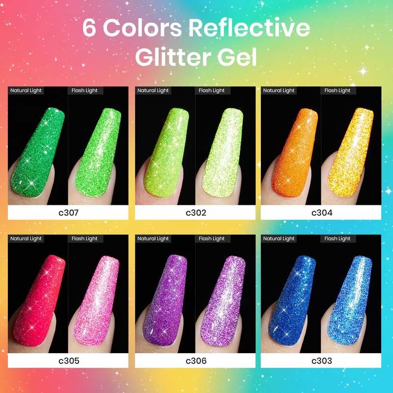 beetles Glitter Gel Nail Polish Set - Neon Carnival Reflective Summer Gel Polish, 6 Colors Pink Green Purple Blue Bright Sparkly Gel Nails Soak Off Uv Led Salon Gift for Women