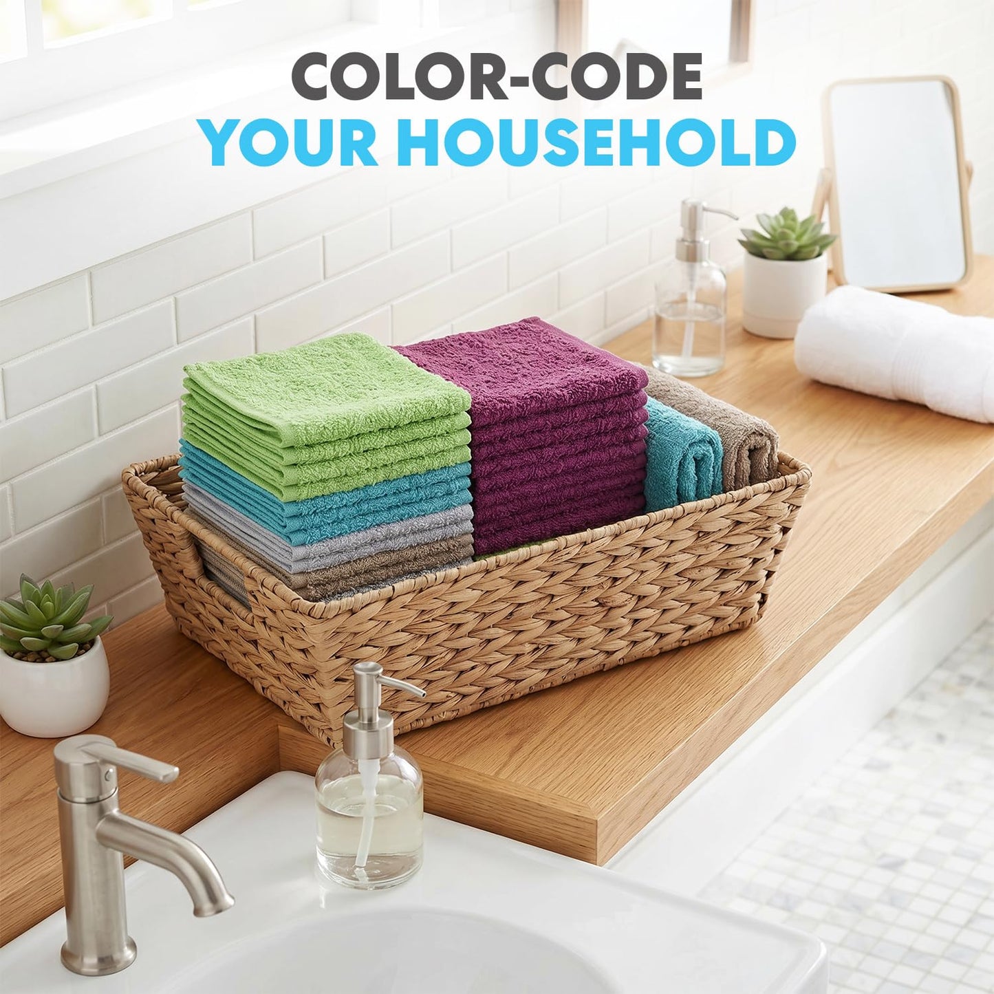 Simpli-Magic Cotton Wash Cloths 12"x12" (50 Pack) – Highly Absorbent Soft Towels for Bathroom – Commercial Terry Washcloth for Face, Hand, Bath, Kitchen, Gym & Hotel (Multicolor)