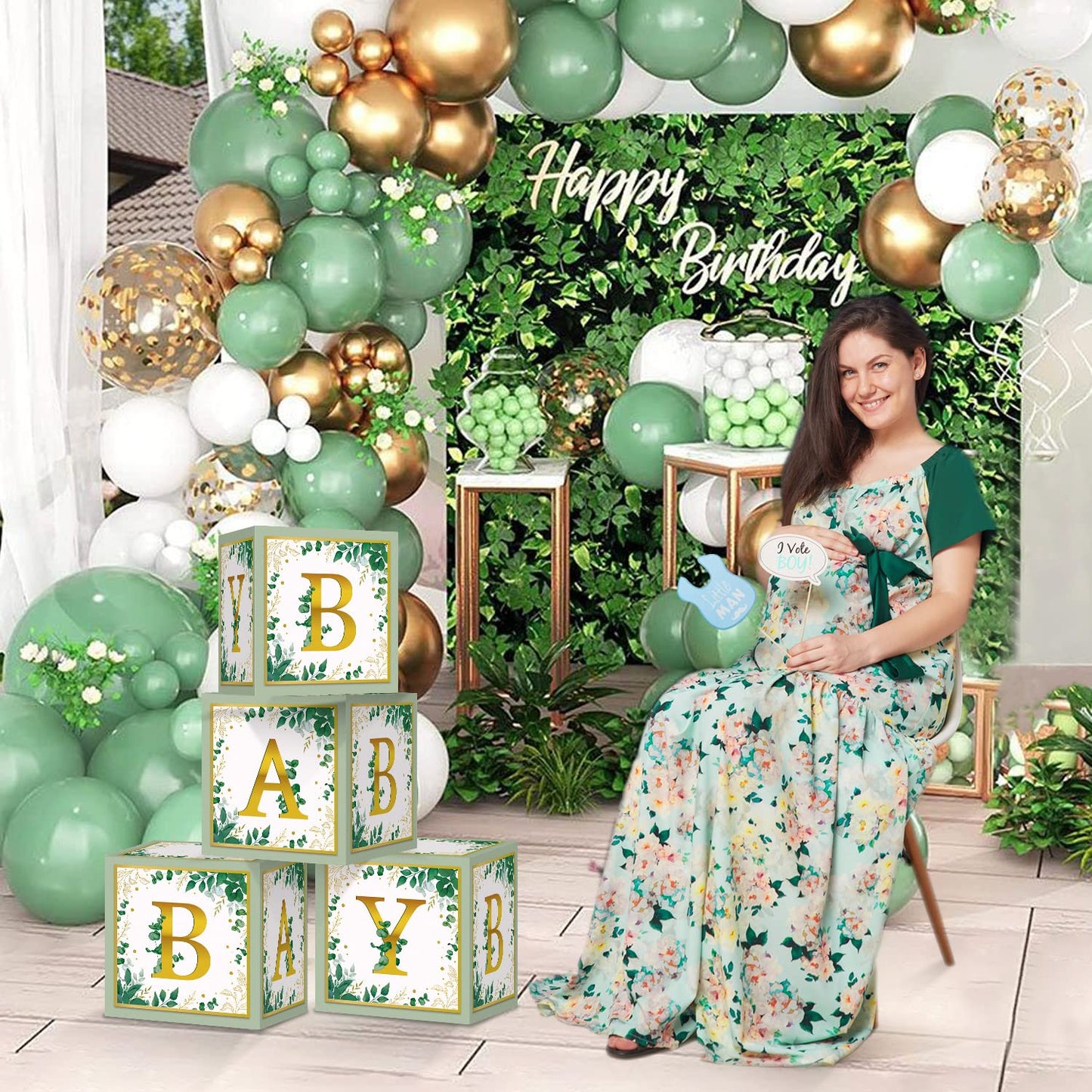 TSVATE Sage Green Baby Shower Boxes, 4PCS Sage Green Gender Reveal Party Supplies Party Centerpiece for Baby Shower First Birthday Decorations (Without Flowers)