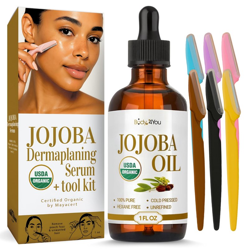 BodyJ4You Organic Jojoba Oil 6PC Dermaplane Razors for Women Face - USDA Organic 100% Pure Natural - Face Razor Eyebrow Hair Trimmer Men Facial Hair Shaver - Unrefined Cold Pressed Skin Care - 1 Fl Oz