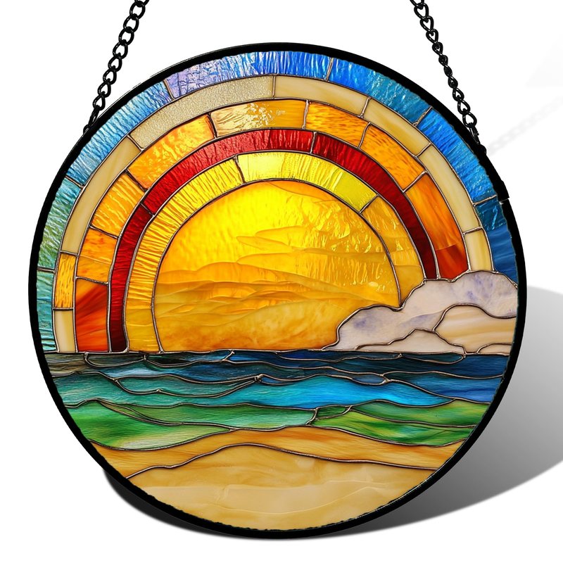 QZQCBLC Stained Glass Window Hanging Rainbow Beach Sunrise Scenery 6.3" - Waves Suncatcher Door Garden Sun Catcher Home Decor Birthday Christmas for Mom Men Woman Friends