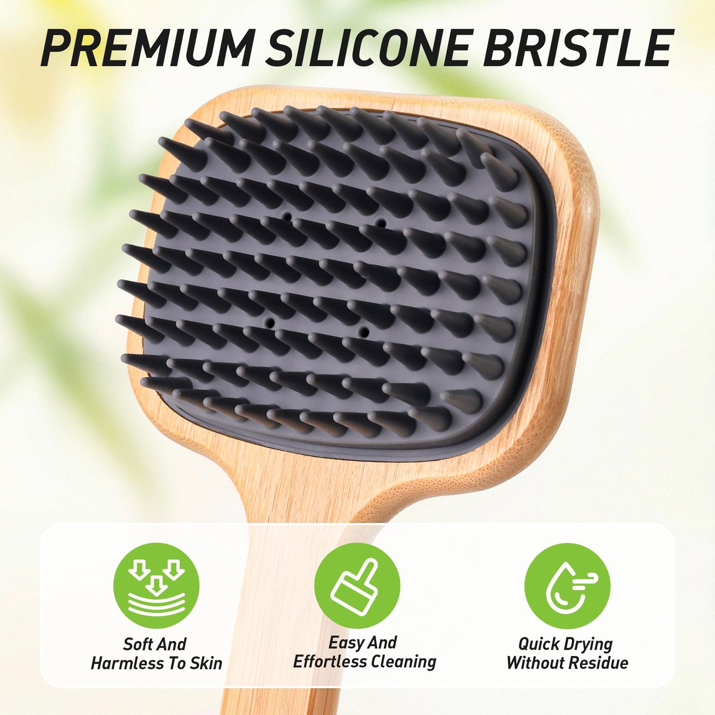 NURENDER 16.92'' Double-Sided Back Scrubber for Shower, Silicone Back Bath Brush Ideal for Sensitive Skin, Exfoliating, with Anti-Slip Bamboo Handle & Hanging Loop, Dry Body Brush for Men, Women