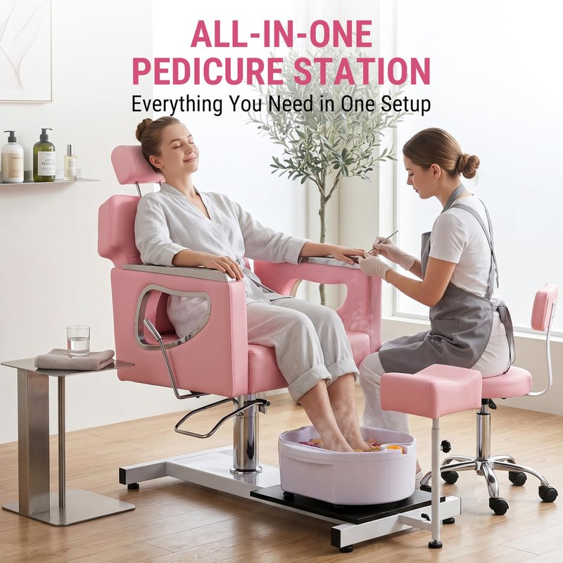 IJIALIFE Pedicure Chair w/Foot Spa Basin, Adjustable Salon Chair w/ 360° Swivel & Reclining Backrest, Nail Tech Station with Stool & Footrest, Heavy Duty Spa Chair for Home Salon (Pink)