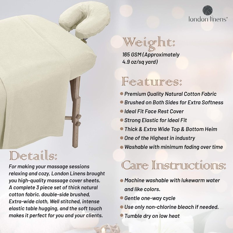 LONDON LINENS Extra Thick 3 Piece Set Massage Table Sheets Set - 100% Natural Cotton Flannel - Includes Massage Table Cover, Massage Fitted Sheet, and Massage Face Rest Cover (Natural)