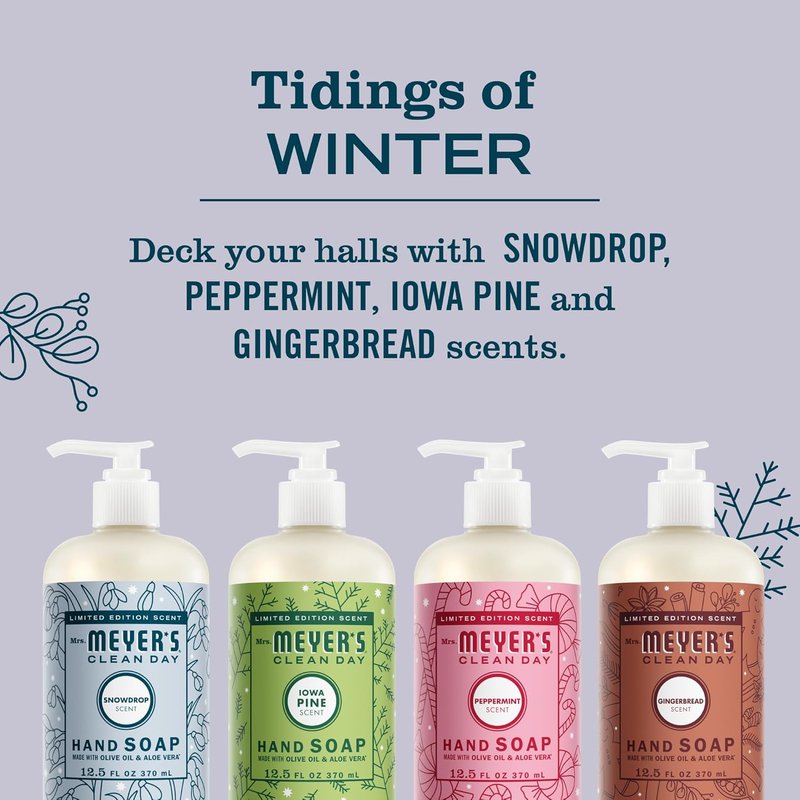Mrs. Meyer's Holiday Hand Soap Set - Peppermint, Iowa Pine, Snowdrop & Gingerbread Scents | 4-Pack