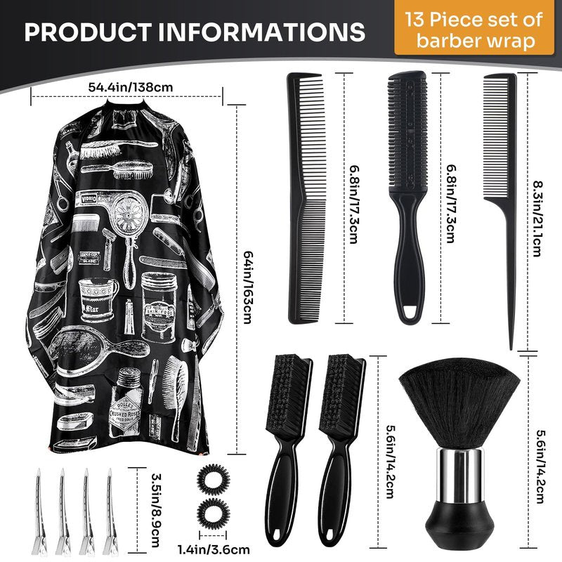 Barber Cape 13Pcs with Neck Duster Brush Adjustable, Extra Long Hair Cutting Cape 63" x 55" Profesional Barber Accessories for Men/Adults/Barber/Salon/Clients/Home/Women/Kids