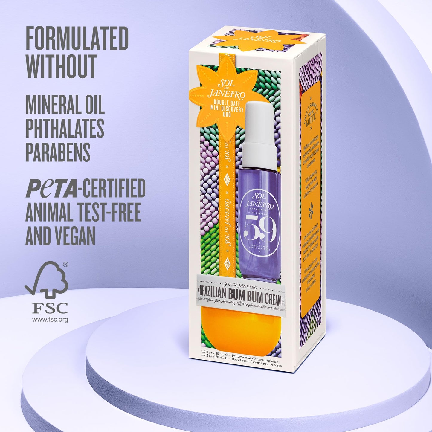 Sol de Janeiro Double Date Beauty Gift Set | Travel Size Brazilian Bum Bum Body Cream 1.7 fl oz & Cheirosa 59 Perfume Mist Mini 1 fl oz | Limited Edition Beauty Minis Trial Set