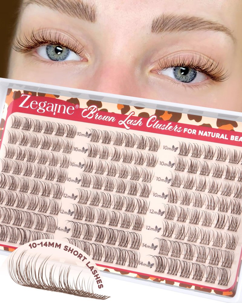 Short Brown Lash Clusters 10-12-14MM Natural Eyelash Clusters Clear Band Wispy Cluster Eyelash Extensions C-Curly Short Lashes Clusters Brown Natural Cluster Lashes 144Pcs by Zegaine