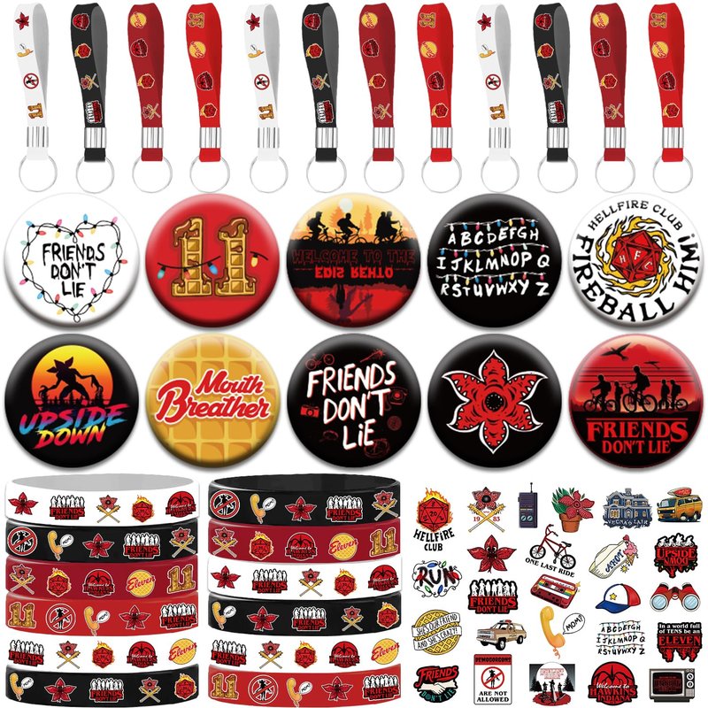 84Pcs Stranger Brithday Party Decorations Red and Black Theme Party Supplies Include 12 Rubber Bracelets 12 Keychain Wristbands 10 Button Pins and 50 Horror Elemental Stickers for Brithday Decorations