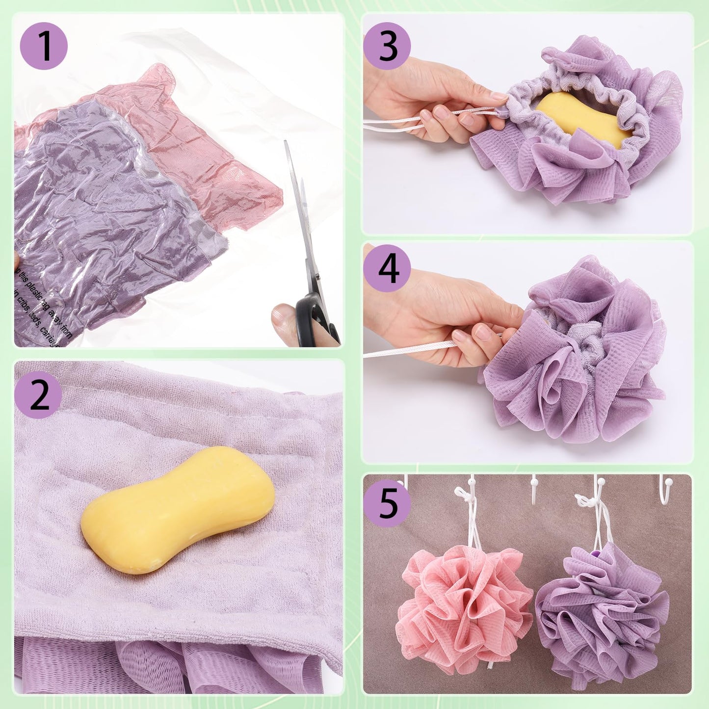 ZhouBoat 2 Pack Exfoliating Loofah Soap Holders with Washcloth Double-Sided Bath Sponge Body Scrubber Reusable Shower Pouches Pink Purple