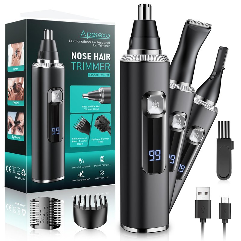 Apetexo Nose & Ear Hair Trimmer, Type-C Rechargeable Precision Groomer for Men & Women, Painless Double-Edged Blades, IPX7 Waterproof & Easy to Clean for Nose, Ears, and Facial Hair