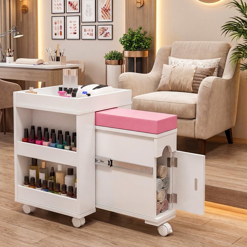 HolaiNail Pedicure Trolley Cart with Foot Rest, Extendable Pedicure & Manicure Station for Nail Tech, Mobile Pedicure Foot Stool Stand with Rolling Wheels, Shelves, Cabinet for Polish & Oil, 26.3" L