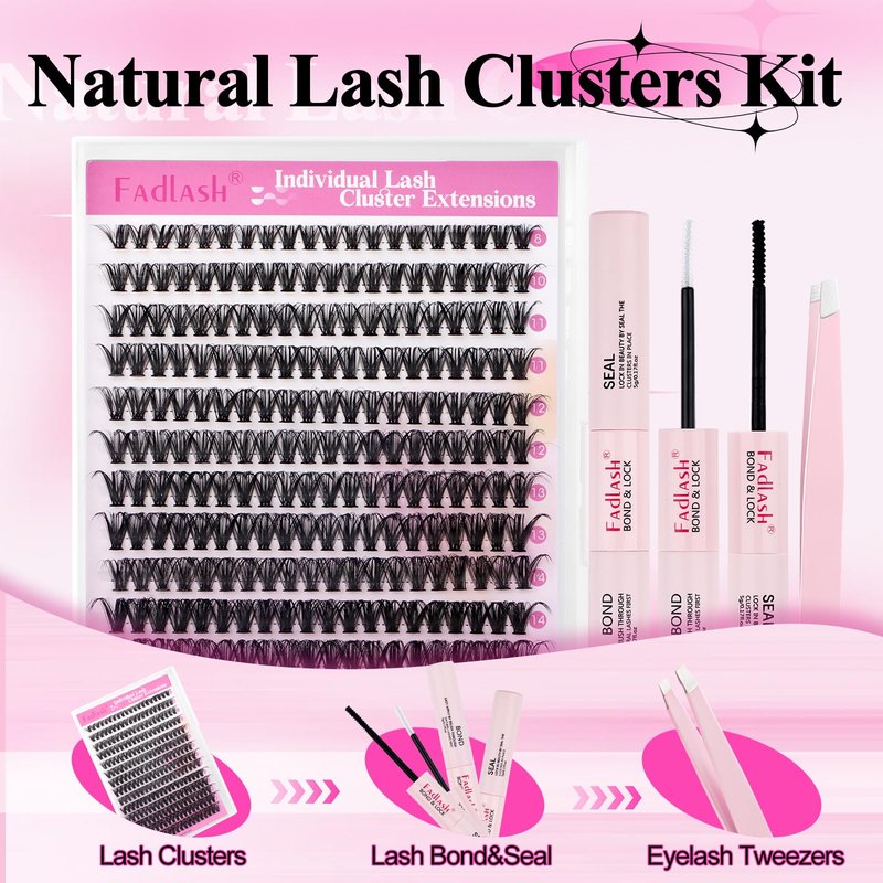 FADLASH Lash Clusters Kit 280PCS Natural Eyelash Clusters Individual D Curl Cluster Eyelash Extensions 8-16mm with Lash Bond and Seal Lash Tweezer for Beginners Soft Thin Band (40D-0.07D-8-16mm KIT)