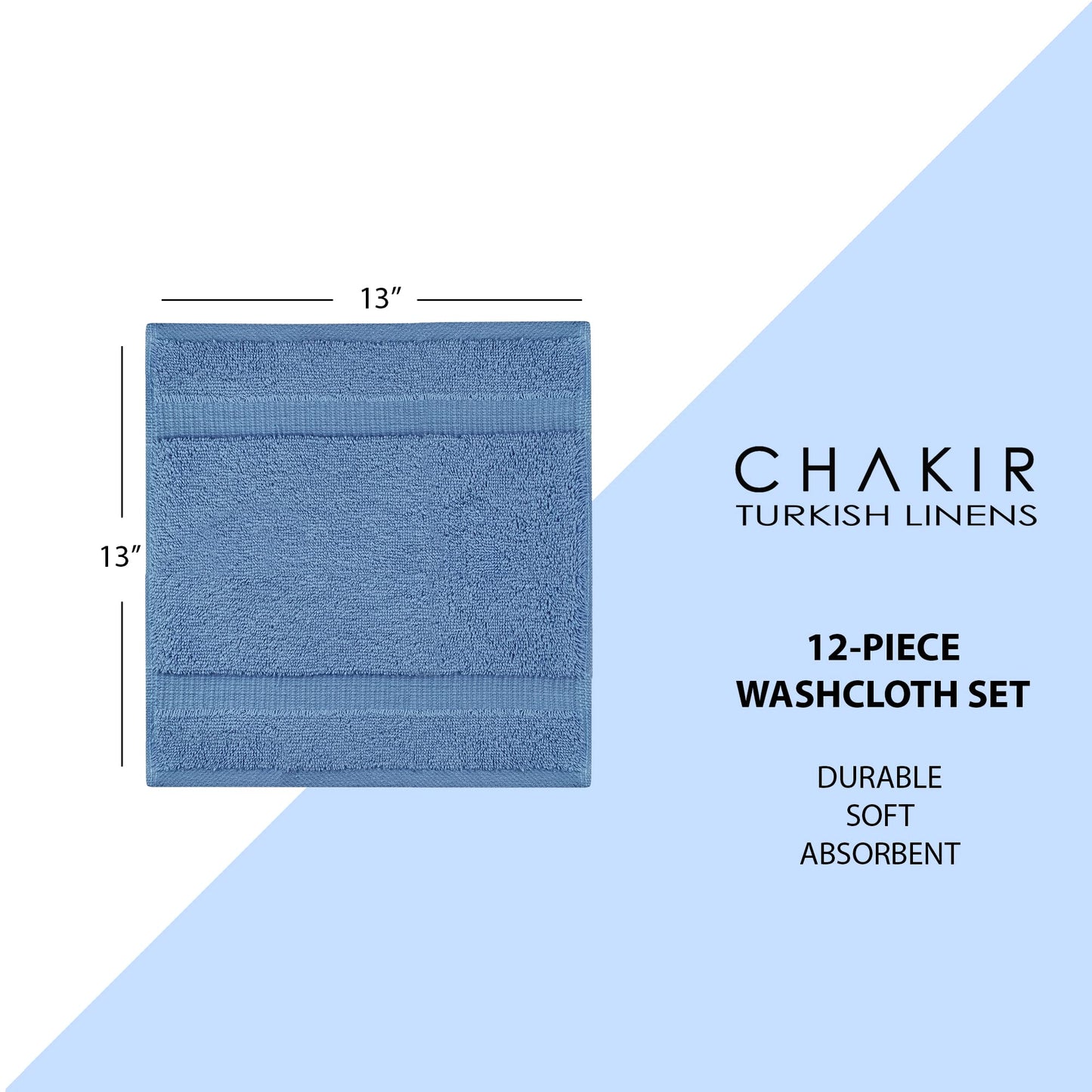 Chakir Turkish Linens 12 Piece Washcloth Set, 100% Cotton Luxury Turkish Washcloths for Bathroom, Soft Absorbent Washcloths, 13 x 13 Inches, Wedgewood