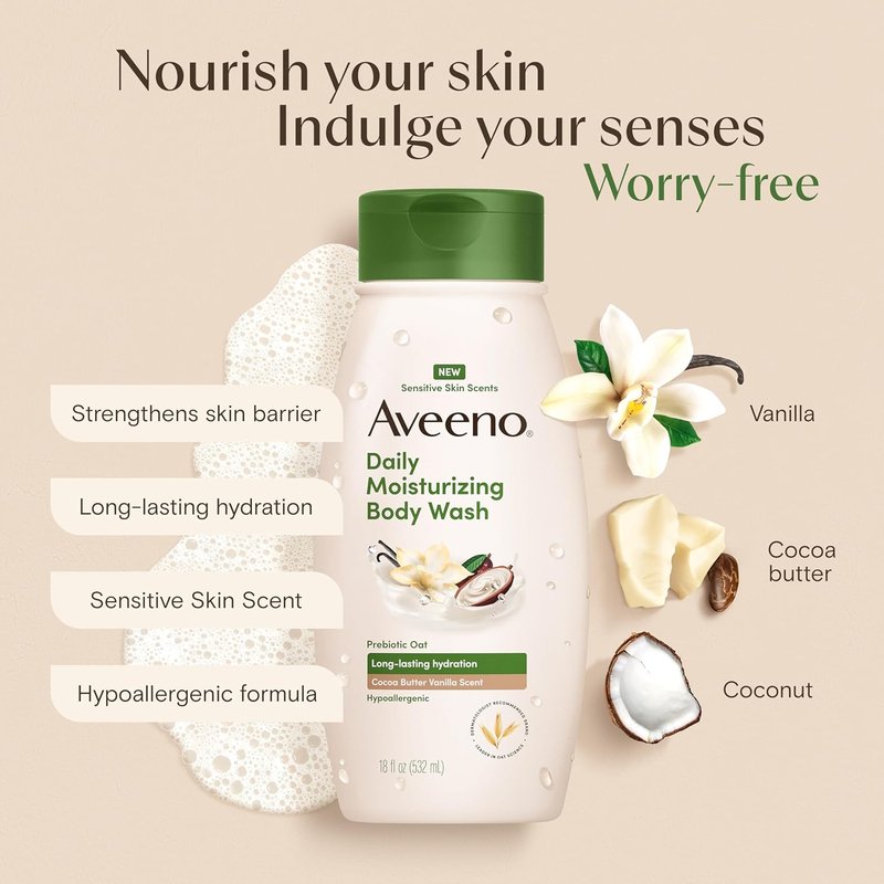 Aveeno Daily Moisturizing Body Wash - Cocoa Butter Vanilla Scent | Long-Lasting Hydration for Sensitive Skin, 18 fl. oz
