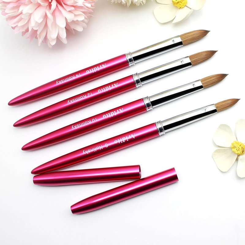 Kolinsky Hair Acrylic Nail Brush - Professional Flat Brush with Rose Red Handle & Cap | Size #8