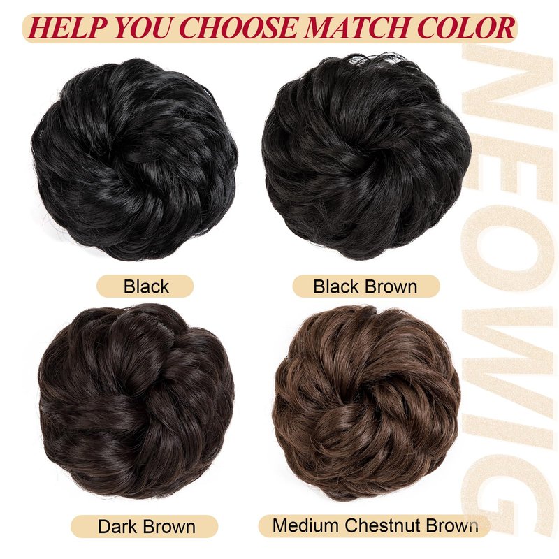 NEOWIG 2PCS Messy Bun Hair Piece for Women Wavy Curly Hair Bun Hair Pieces Synthetic Updo Chignon Fake Scrunchies Ponytail Extension for Daily Dark Brown