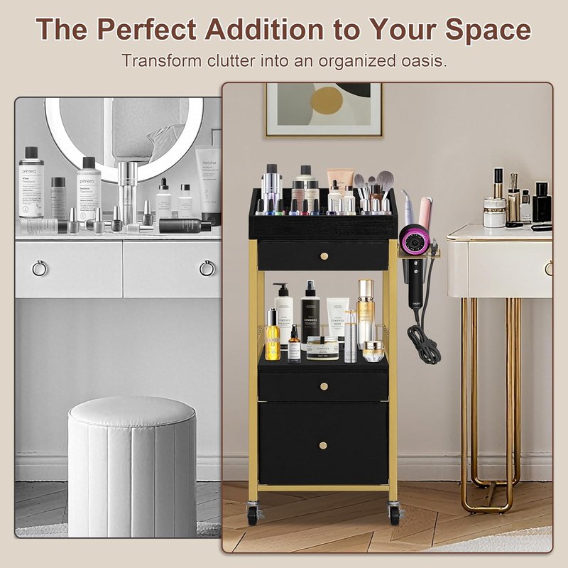 Makeup Organizer Cart with 3 Drawers, Rolling Vanity Organizer with Detachable Hair Tool Holder & Wheels, Floor Makeup Storage Cart for Skincare, Perfume, Nail Polish, Gold & Black