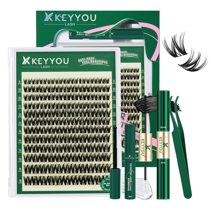 KEYYOU Flora Lash Clusters Kit Flaunt D Curl Natural Lashes 144pcs Lash Extension Kit 8-18mix Lash Clusters Fluffy Lashes with Ultra-Thin Soft Band with Remover Waterproof Bond and Seal(F01 Kit)