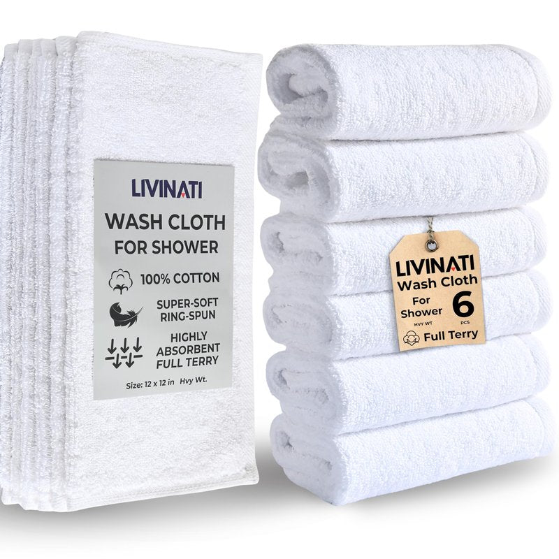 LIVINATI Thick White 100% Cotton Wash Cloths for Showering Body and Face - 12"X12" 6 Pack Washcloths - Small Terry Towel Bath Rags for Adults and Kids Bathroom - Soft Absorbent