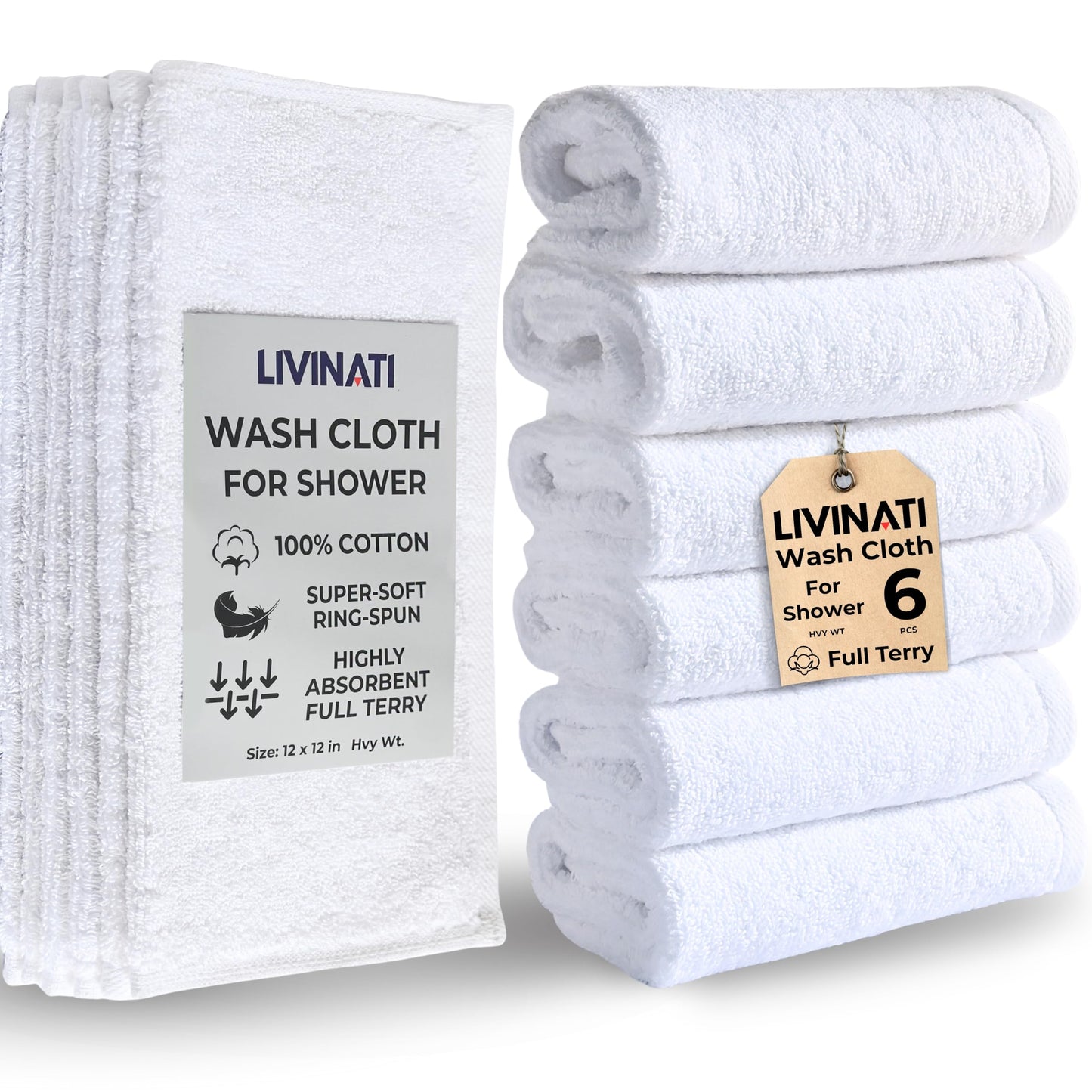 LIVINATI Thick White 100% Cotton Wash Cloths for Showering Body and Face - 12"X12" 6 Pack Washcloths - Small Terry Towel Bath Rags for Adults and Kids Bathroom - Soft Absorbent