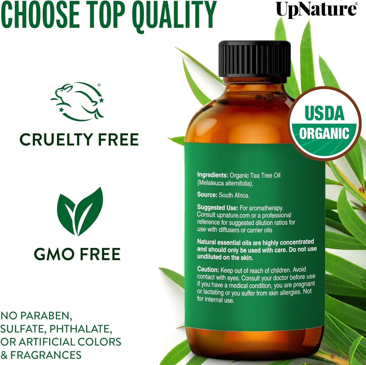 UpNature Tea Tree Oil - 100% Pure Organic Essential Oil for Skin, Hair & Scalp | 2oz