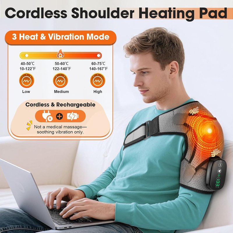Cordless Shoulder Heating Pad, Shoulder Massager for Pain Relief Deep Tissue, Heated Shoulder Wrap with Heat and Massage for Men Women, Rotator Cuff Pain Heating Pad, Grey