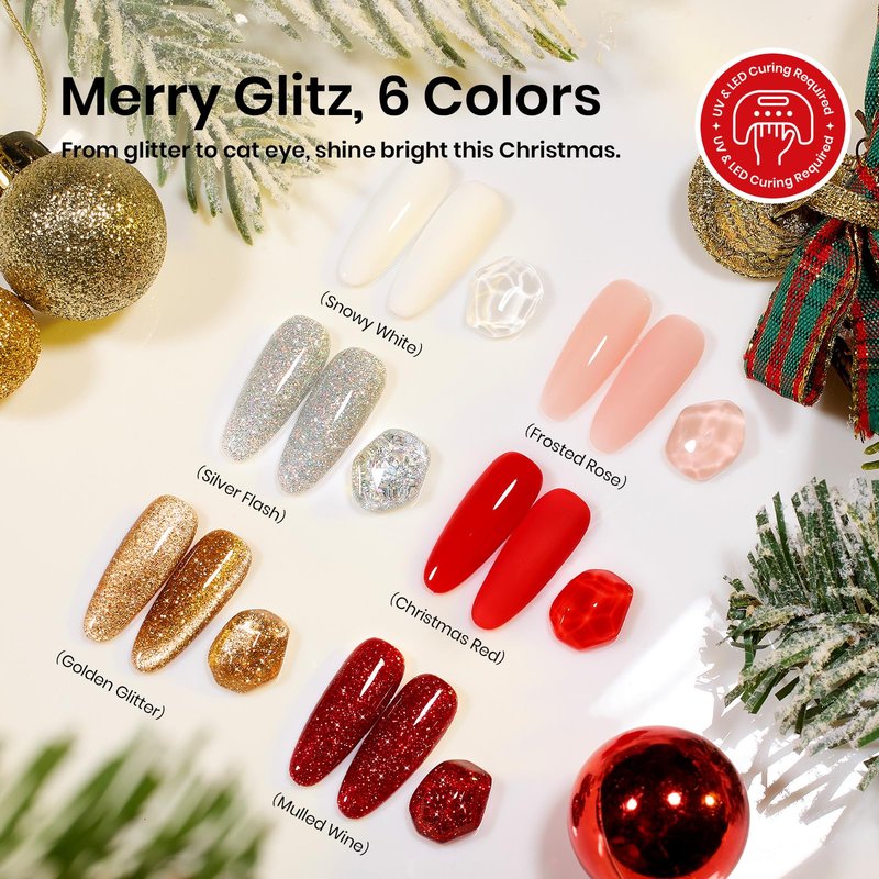 Beetles 27Pcs Gel Nail Polish Kit with U V Light -6 Colors Cat Eye Gel Polish Set Red Jelly Glitter Gold Merry Glitz with Everything Soak Off Home Salon DIY Manicure Set Gifts for Women