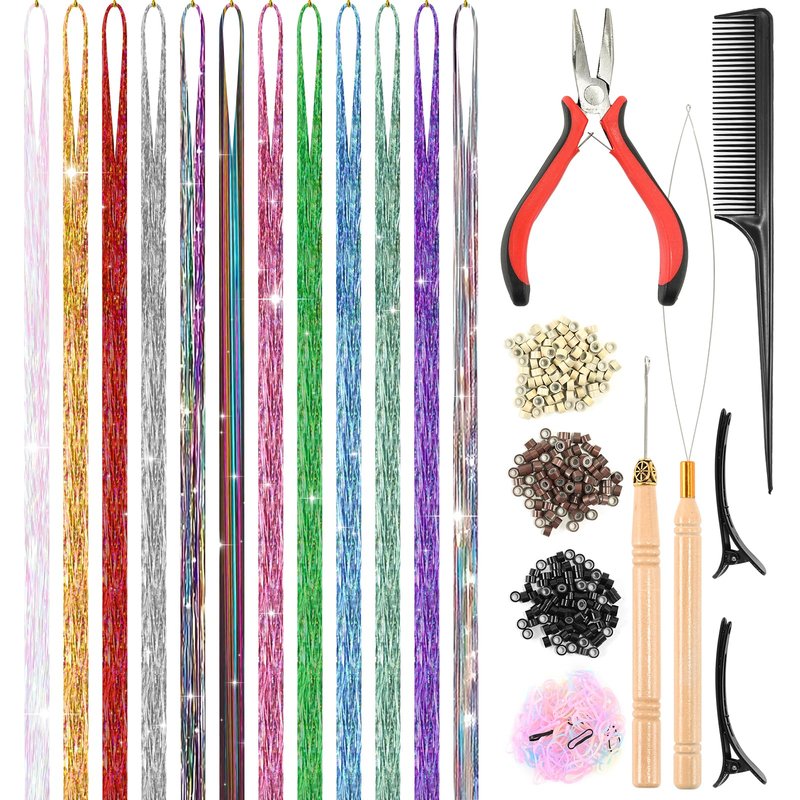 Leuceiy 12 Colors Hair Tinsel Kit, 48 Inch Hair Extensions With Tool, 3600 Strands Sparkling Dazzle Glitter Shiny Fairy Hair Heat Resistant for Girls Women Christmas New Year Festival Party