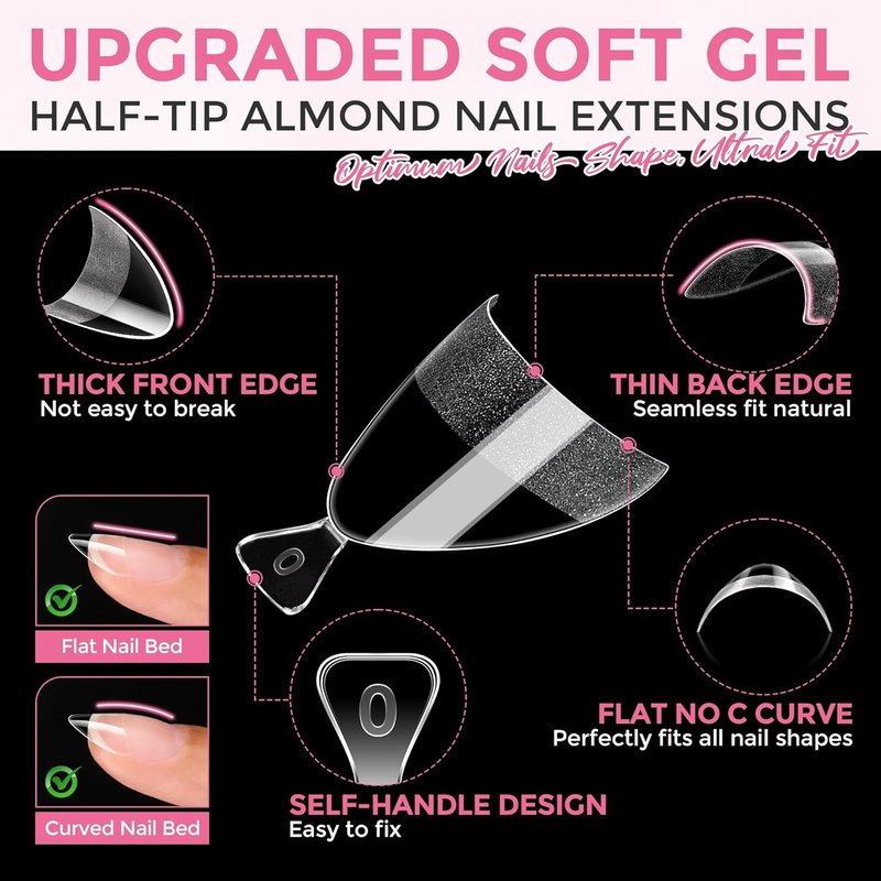 Skiennix Almond Nail Tips - 504PCS Clear Soft Extra Short Half Cover Acrylic Press-On Extensions | 12 Sizes for DIY Manicure Art