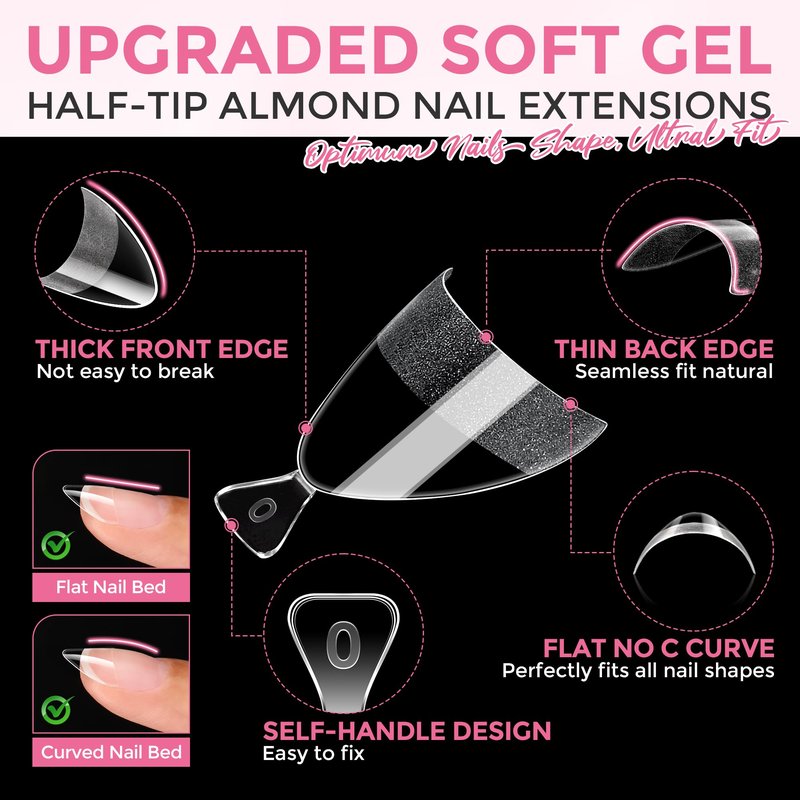 Luckyfairy Short Almond Nail Tips: 240pcs Half Cover Extra Short Fake Nails Almond Shape, Pre Etched Matted Soft Gel Press On Nails Extensions DIY Home Salon 12 Sizes