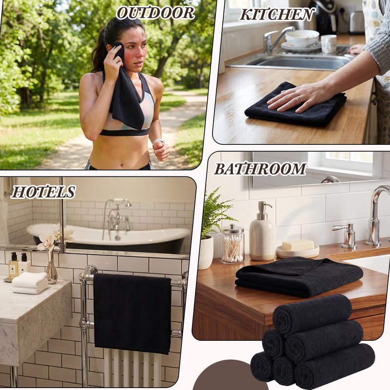Newwiee 40 Pcs Wash Cloth Bulk Cotton Bath Hand Face Washcloths Soft Quick Drying Towel for Women Bathroom Washing Body Viscose Fiber Multipurpose Fingertip Rags (12 x 12 Inch,Black)