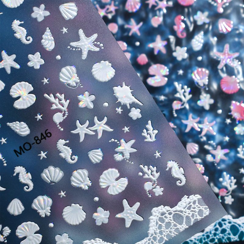 3 Sheets 5D Embossed Ocean Nail Stickers Pink Blue White Shell Starfish Waves Self Adhesive Nail Decals Summer Beach Nail Art Stickers Marine Life Nail Supplies for Women Manicure Decorations