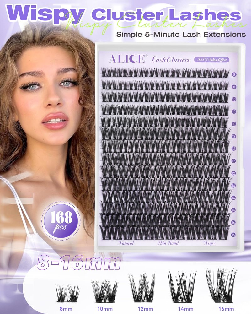 ALICE Flaunt Lash Clusters Wispy Eyelash Clusters 8-16mm Thin Band Cluster Eyelash Extensions DIY Salon Individual Lashes 168pcs Natural Volume Lash Extensions