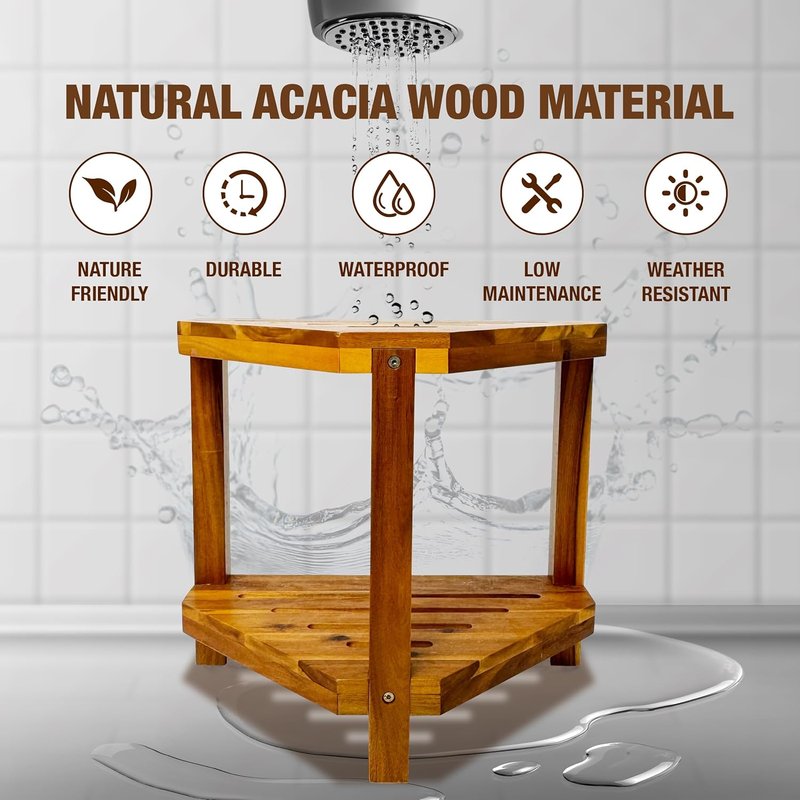 Corner Shower Stool - 20” Acacia Wood Shower Bench with Storage Shelf | Waterproof Foot Rest for Shaving Legs