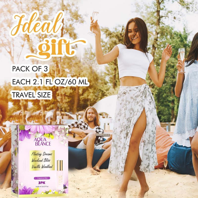 AQUA BLANCE Body Spray Set for Women, Each 60ml/2.1 FlOz, Travel Size Womens Fragrance Body Spray, Three Scents - Vanilla Woodland, Lavender, Jasmine Raspberry